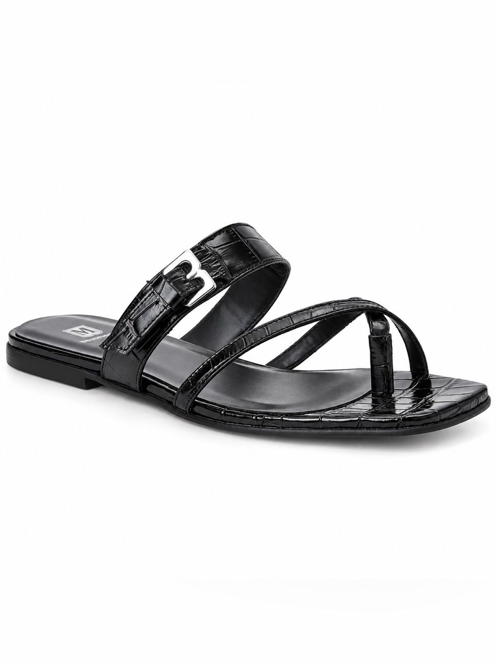 Bruno Magli Noela Black Croc-Effect Strappy Slide Sandals NIB
